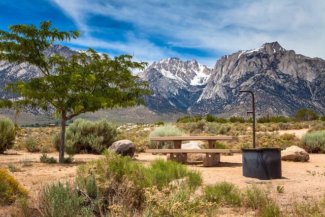 Tuttle Creek Campground below snow-capped Sierra peaks.