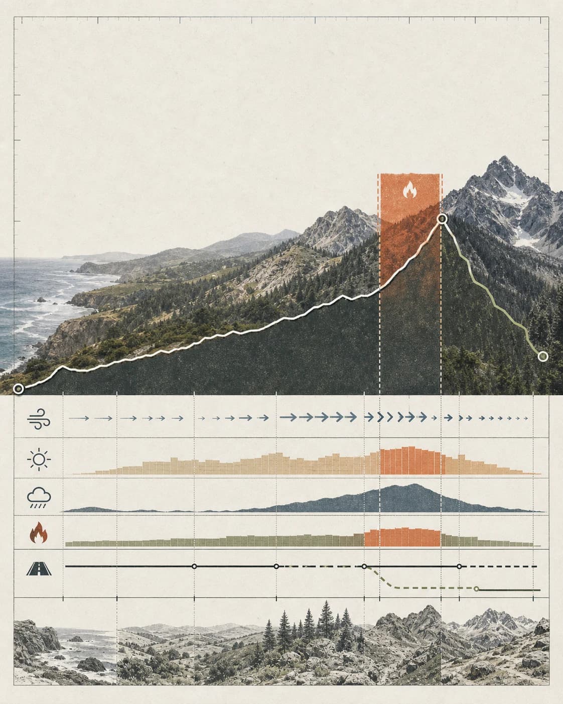 Route profile plate: an elevation cross-section from coast to Sierra pass, with wind, heat, rain, fire and road-access bands stacked below on the same distance axis. At the highest-risk segment the route forks to a lower alternative.